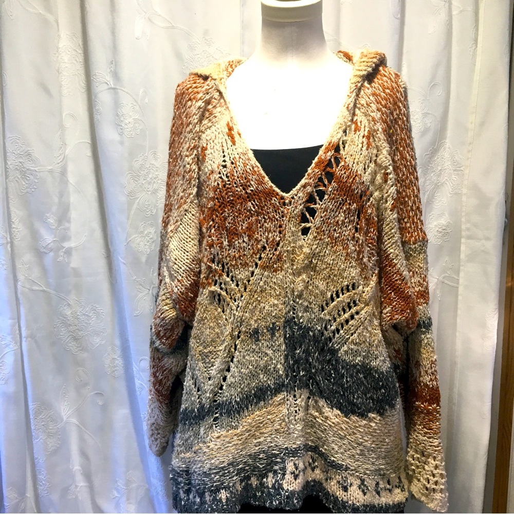 Hooded knit Free People Pullover color Combo brown cream fun texture waffle hood
